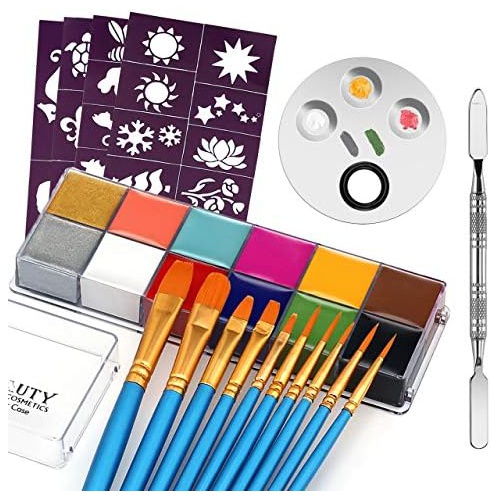  CCBeauty Professional Face Body Paint Oil 12 Colors Halloween Art Party Fancy Make Up Kit with 10 Blue Brushes,3-Well Plate with Spatula Tool,4 Sheet Stencils