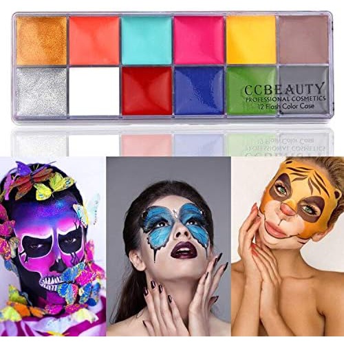  CCBeauty Professional Face Body Paint Oil 12 Colors Halloween Art Party Fancy Make Up Kit with 10 Blue Brushes,3-Well Plate with Spatula Tool,4 Sheet Stencils