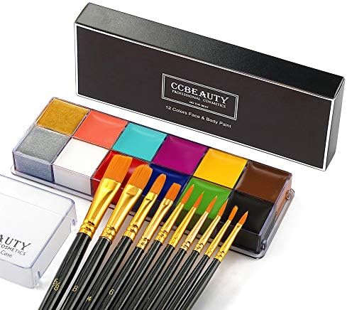 CCbeauty Professional Face Paint Oil 12 Colors Halloween Body Art Party Fancy Make Up Non Toxic Palette with 10 Black Brushes,Deep