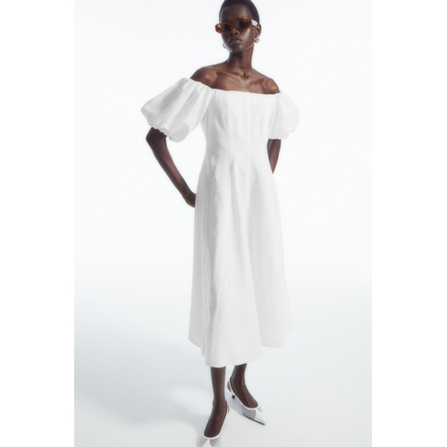 COS OFF-THE-SHOULDER PUFF-SLEEVE MIDI DRESS