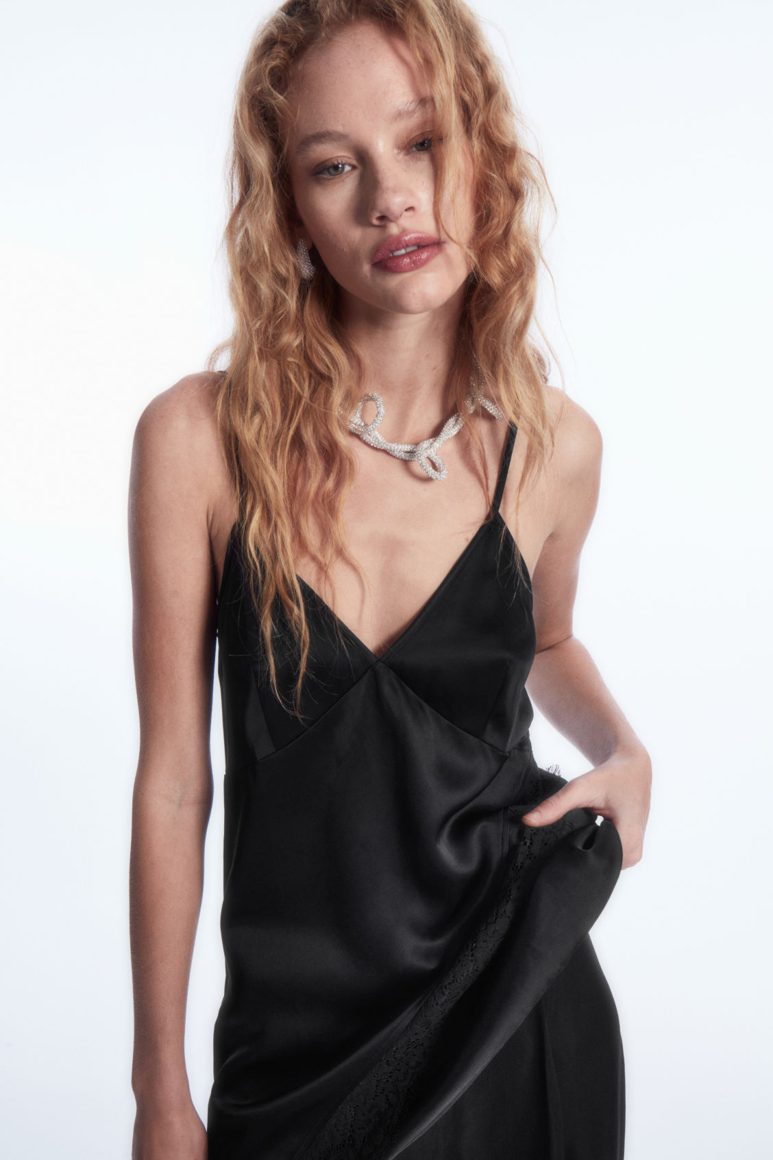 ASYMMETRIC LACE-TRIMMED SATIN CAMISOLE