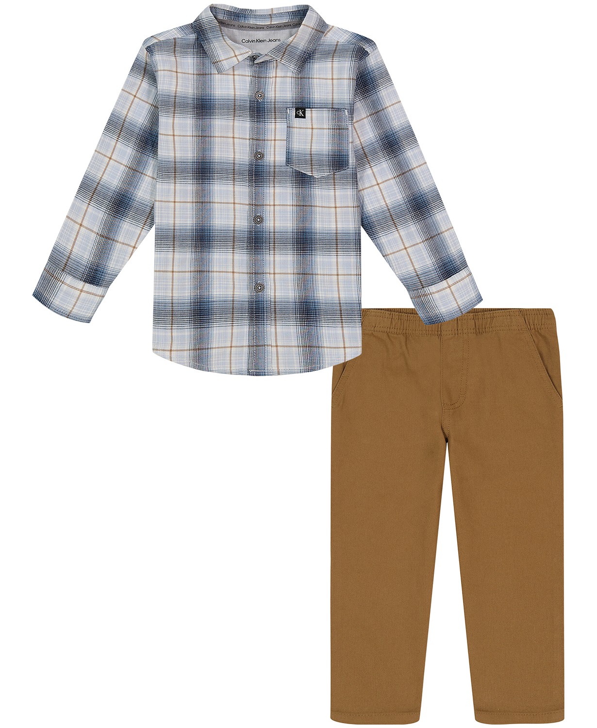  Toddler Boys Plaid Long Sleeve Button Front Shirt and Prewashed Twill Pants 2 Piece Set