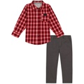 Toddler Boys Plaid Long Sleeve Button Front Shirt and Prewashed Twill Pants 2 Piece Set