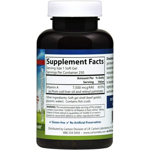  Carlson - Vitamin A, 25000 IU (7500 mcg RAE), Immune Support, Vision Health, Antioxidant, Vitamin A Supplements, 250 Softgels