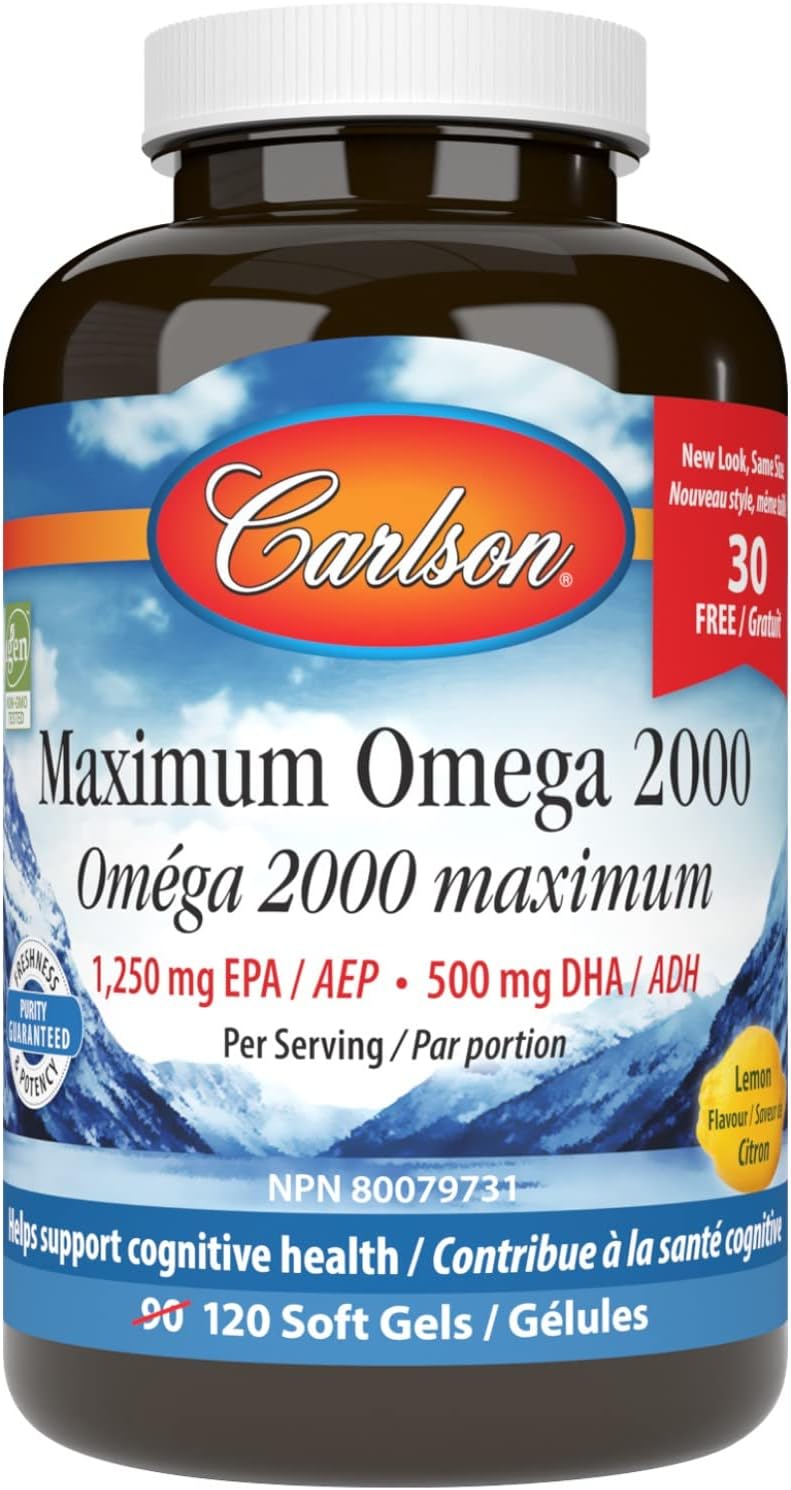 Carlson - Maximum Omega 2000, 2000 mg Omega-3 Fatty Acids Including EPA and DHA, Wild-Caught, Norwegian Fish Oil Supplement, Sustainably Sourced Fish Oil Capsules, Lemon, 90+30 Sof