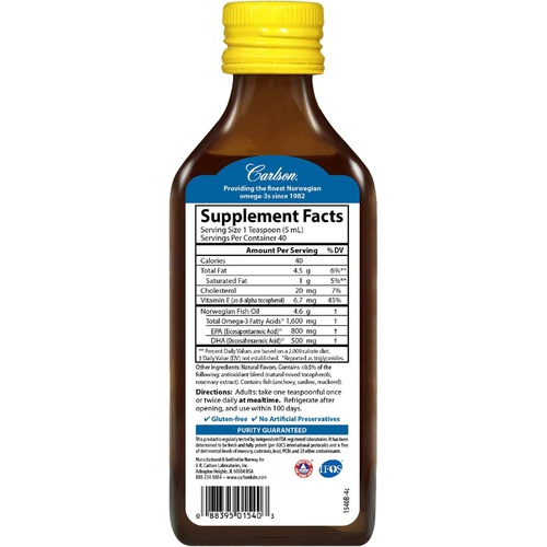  Carlson Labs Very Finest Fish Oil Nutritional Supplement, Lemon, 16.9 Fluid Ounce