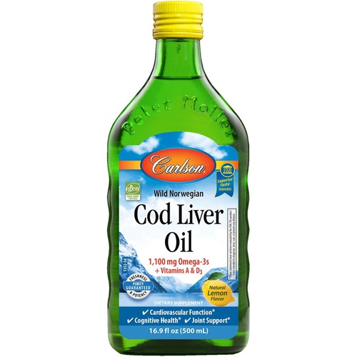  Carlson - Cod Liver Oil, 1100 mg Omega-3s, Liquid Fish Oil Supplement, Wild-Caught Norwegian Arctic Cod-Liver Oil, Sustainably Sourced Nordic Fish Oil Liquid, Lemon, 500 ml