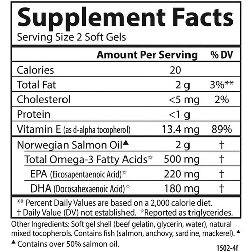  Carlson - Norwegian Salmon Oil, 500 mg Omega-3s, Norwegian Salmon Oil Supplement, Wild Caught Omega 3 Salmon Oil Capsules, Sustainably Sourced, Brain, Heart & Joint Health, 180+50