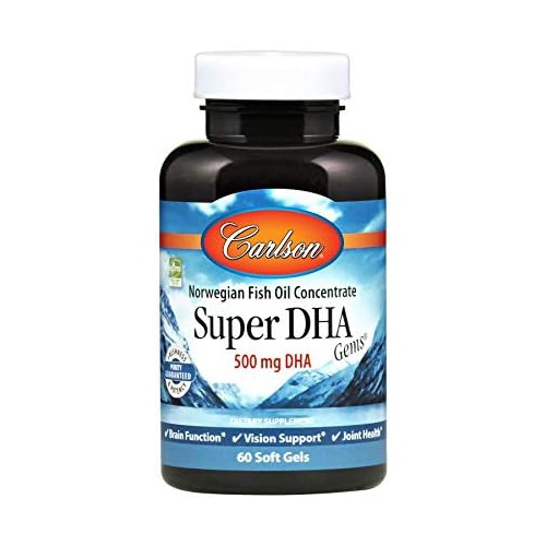  Carlson - Super DHA Gems, 500 mg DHA Supplements, Norwegian Fish Oil Concentrate, Wild-Caught, Sustainably Sourced Fish Oil Capsules, Cognitive Health, 60 Softgels