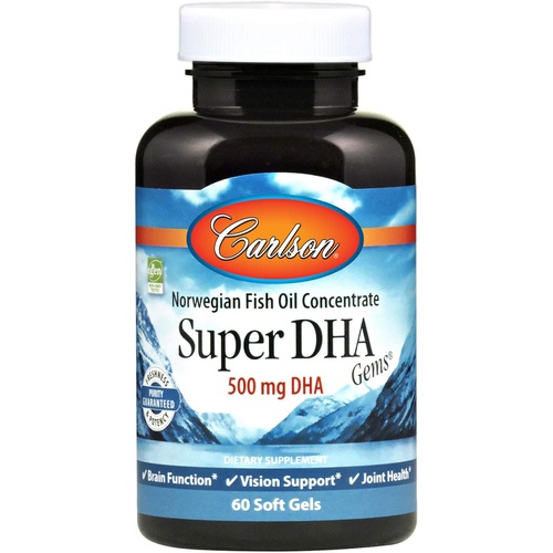  Carlson - Super DHA Gems, 500 mg DHA Supplements, Norwegian Fish Oil Concentrate, Wild-Caught, Sustainably Sourced Fish Oil Capsules, Cognitive Health, 60 Softgels