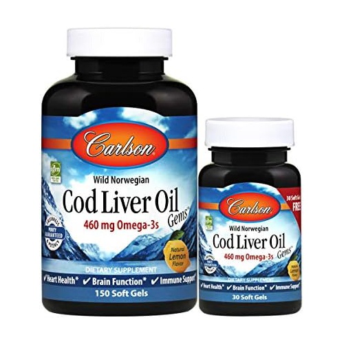  Carlson - Cod Liver Oil Gems, 460 mg Omega-3s + Vitamins A & D3, Wild-Caught Norwegian Arctic Cod Liver Oil, Sustainably Sourced Nordic Fish Oil Capsules, Lemon, 150+30 Softgels