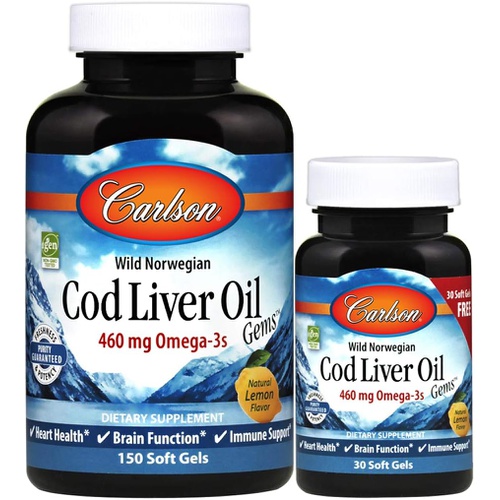  Carlson - Cod Liver Oil Gems, 460 mg Omega-3s + Vitamins A & D3, Wild-Caught Norwegian Arctic Cod Liver Oil, Sustainably Sourced Nordic Fish Oil Capsules, Lemon, 150+30 Softgels