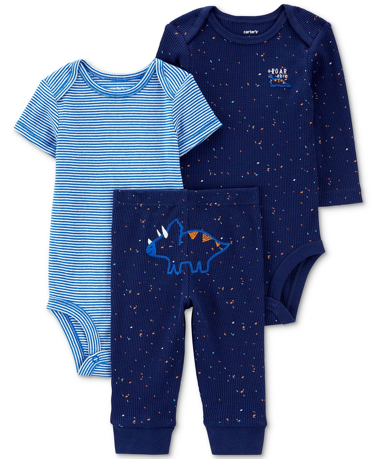 Baby Boys 3-Pc. Stripe Short-Sleeve Bodysuit Waffle-Knit Dinosaur-Print Long-Sleeve Bodysuit & Waffle-Knit Dinosaur Embroidered Pants