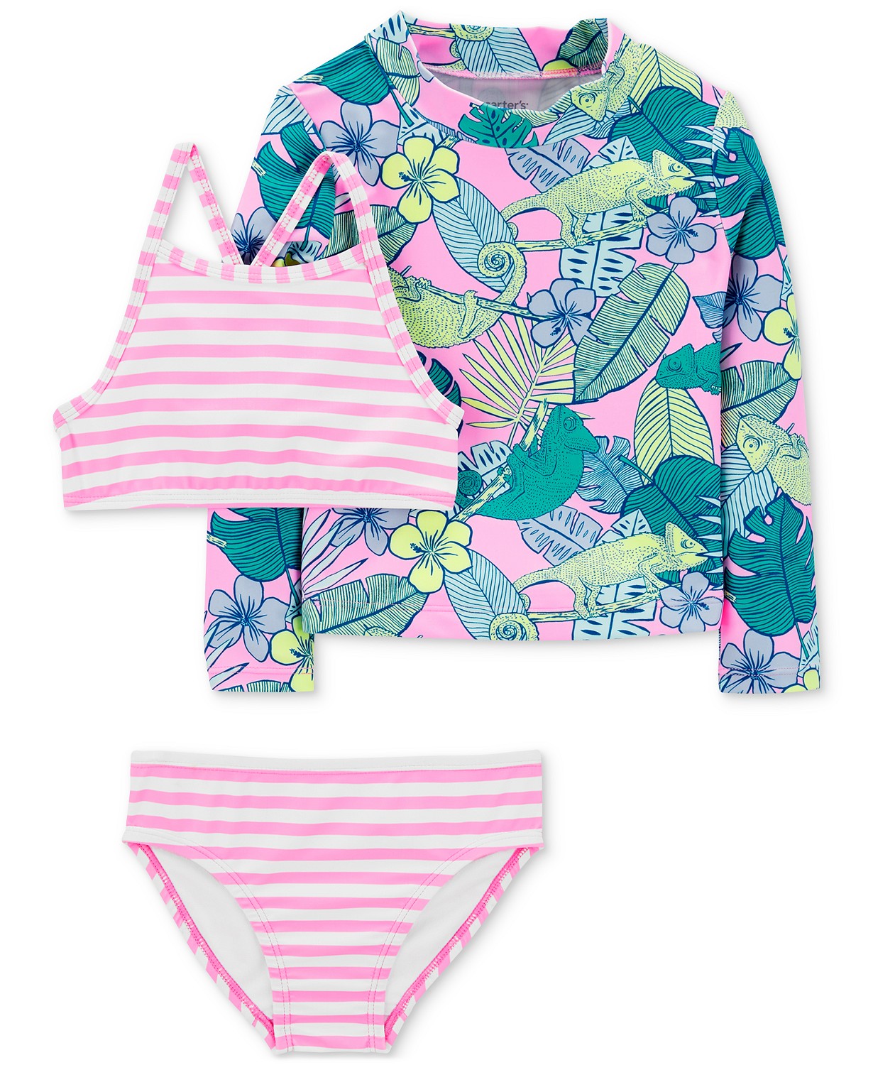 Toddler Girls Tropical Iguana 3-Pc. Rash Guard Swimsuit Set