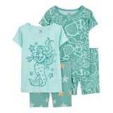 Toddler Girls Mermaid Snug Fit Cotton Pajama 4 Piece Set