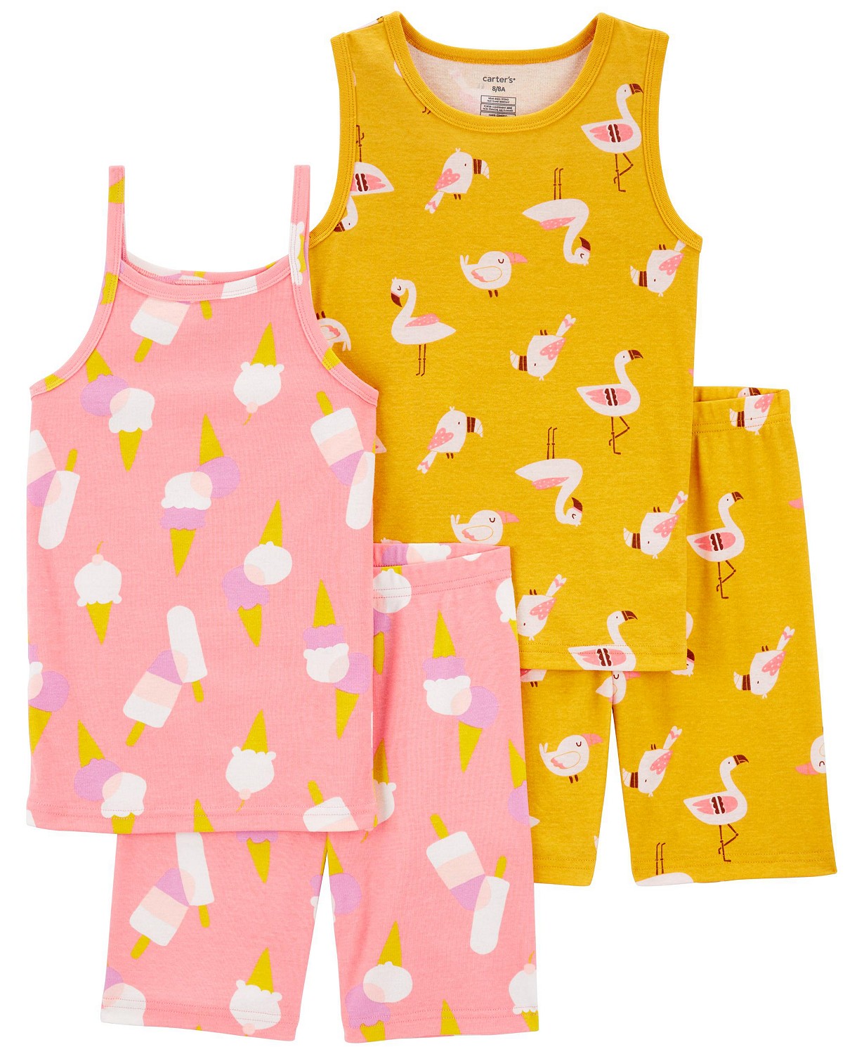 Little Girls Ice Cream and Flamingo Pajama Set 4 Piece Set