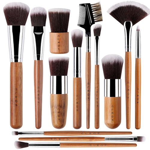  Cleof 13 Bamboo Makeup Brushes Professional Set - Vegan & Cruelty Free - Foundation, Blending, Blush, Powder Kabuki Brushes.
