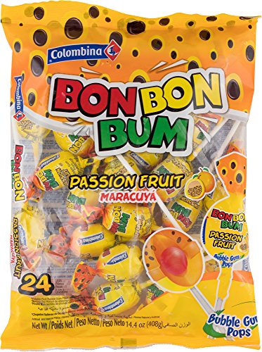 Colombina Bon Bum Bubble Gum Lollipops, Passion Fruit (Pack of 24)