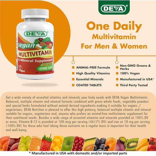  Deva Vegan Multivitamin & Mineral Supplement - Vegan Formula with Green Whole Foods, Veggies, and Herbs - High Potency - Manufactured in USA and 100% Vegan - 90 Count (Pack of 2)
