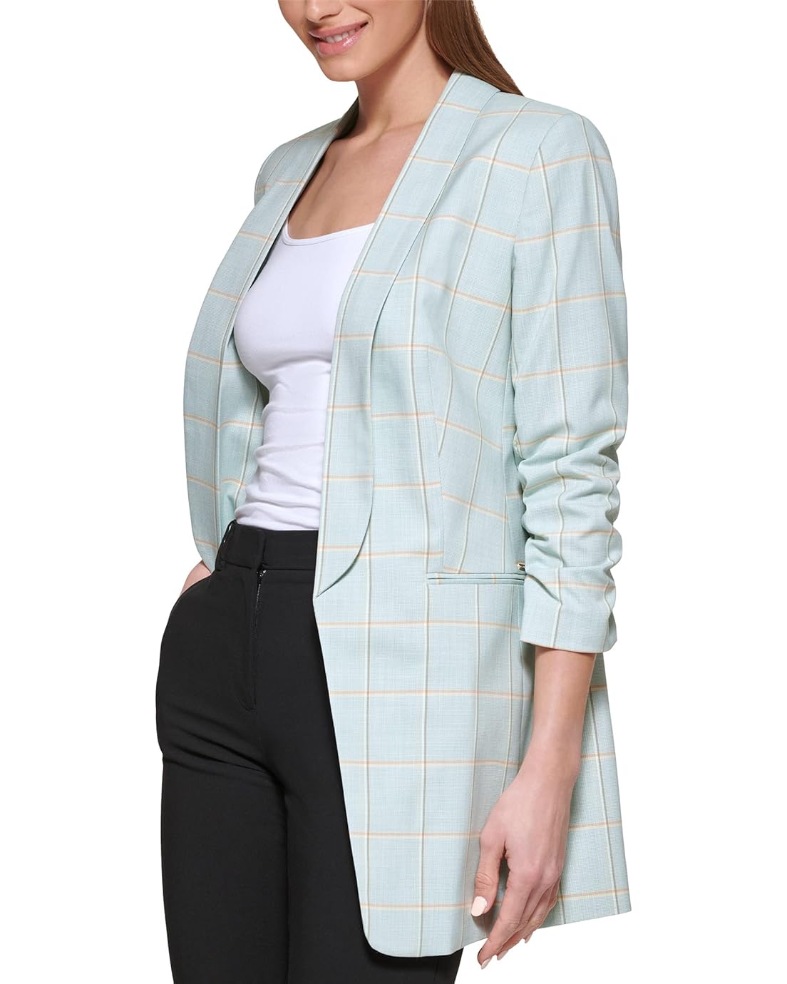 DKNY Open Front Plaid Ruched Sleeve Jacket