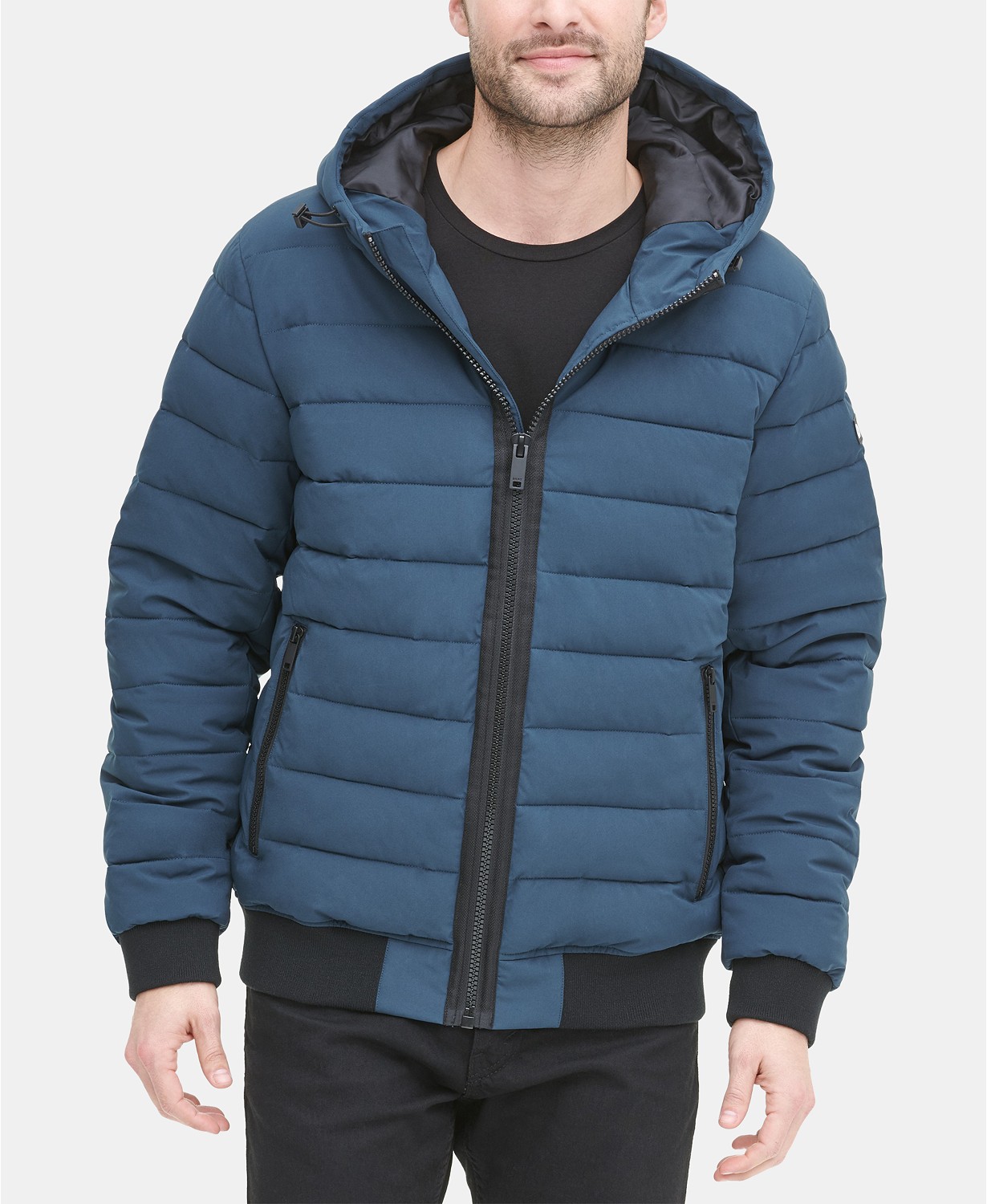 DKNY Mens Quilted Hooded Bomber Jacket