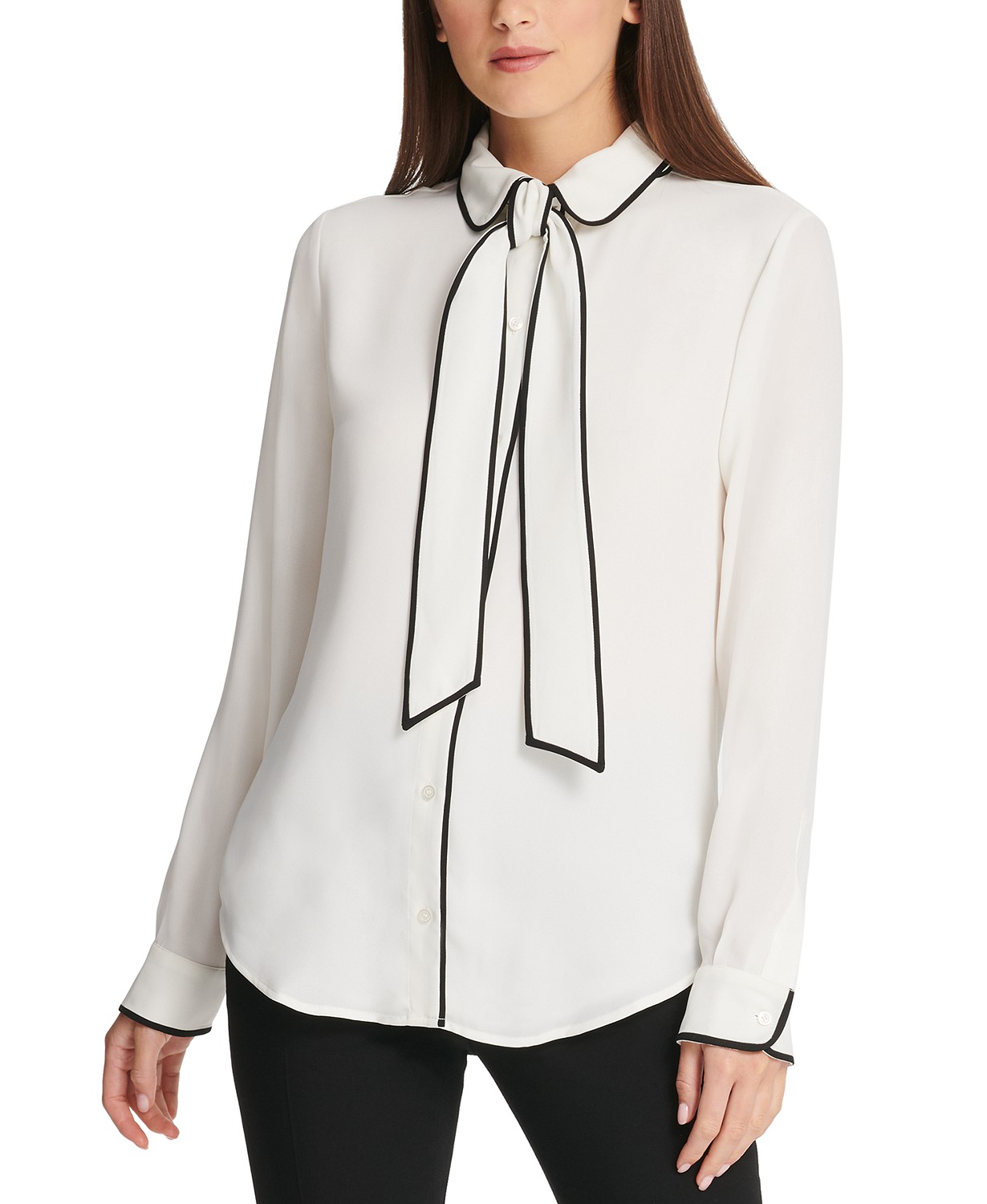 Petite Piped-Trim Button-Up Blouse