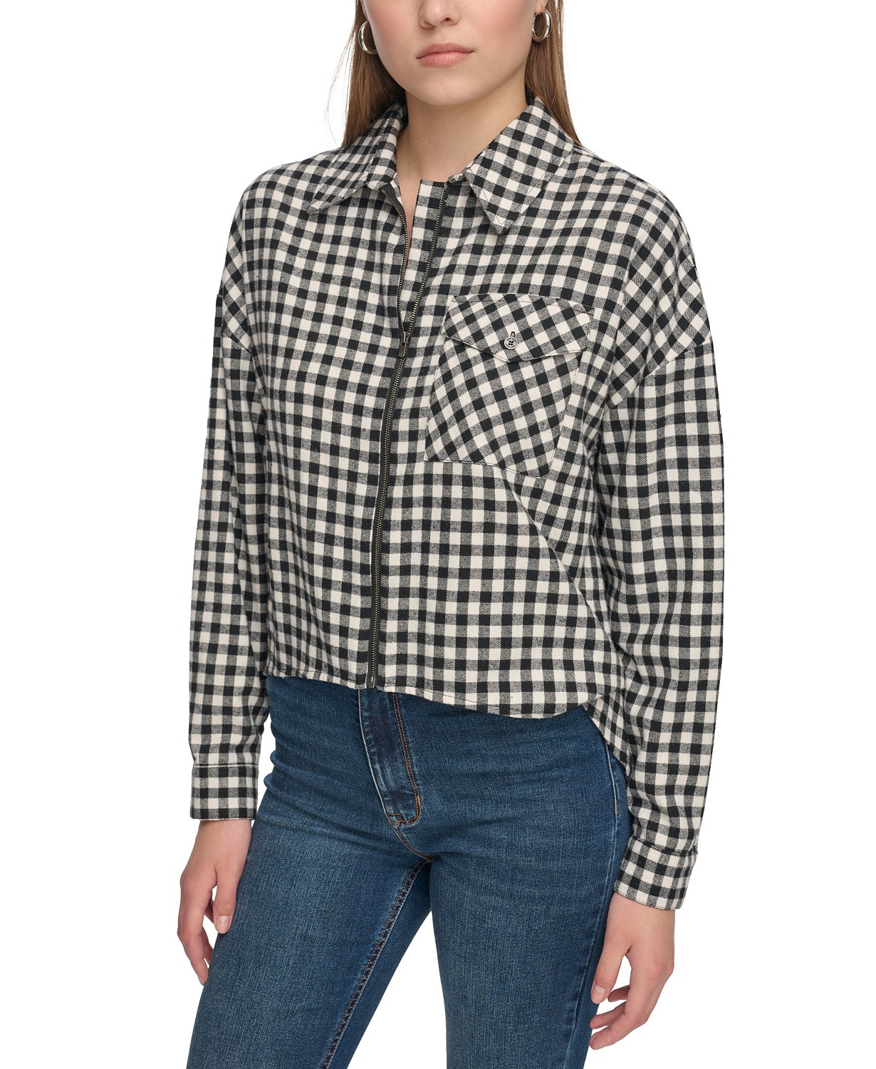 Womens Plaid Zip-Front Long-Sleeve Shirt