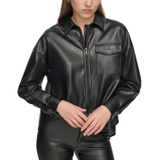 Womens Zip-Front Faux-Leather Long-Sleeve Shirt