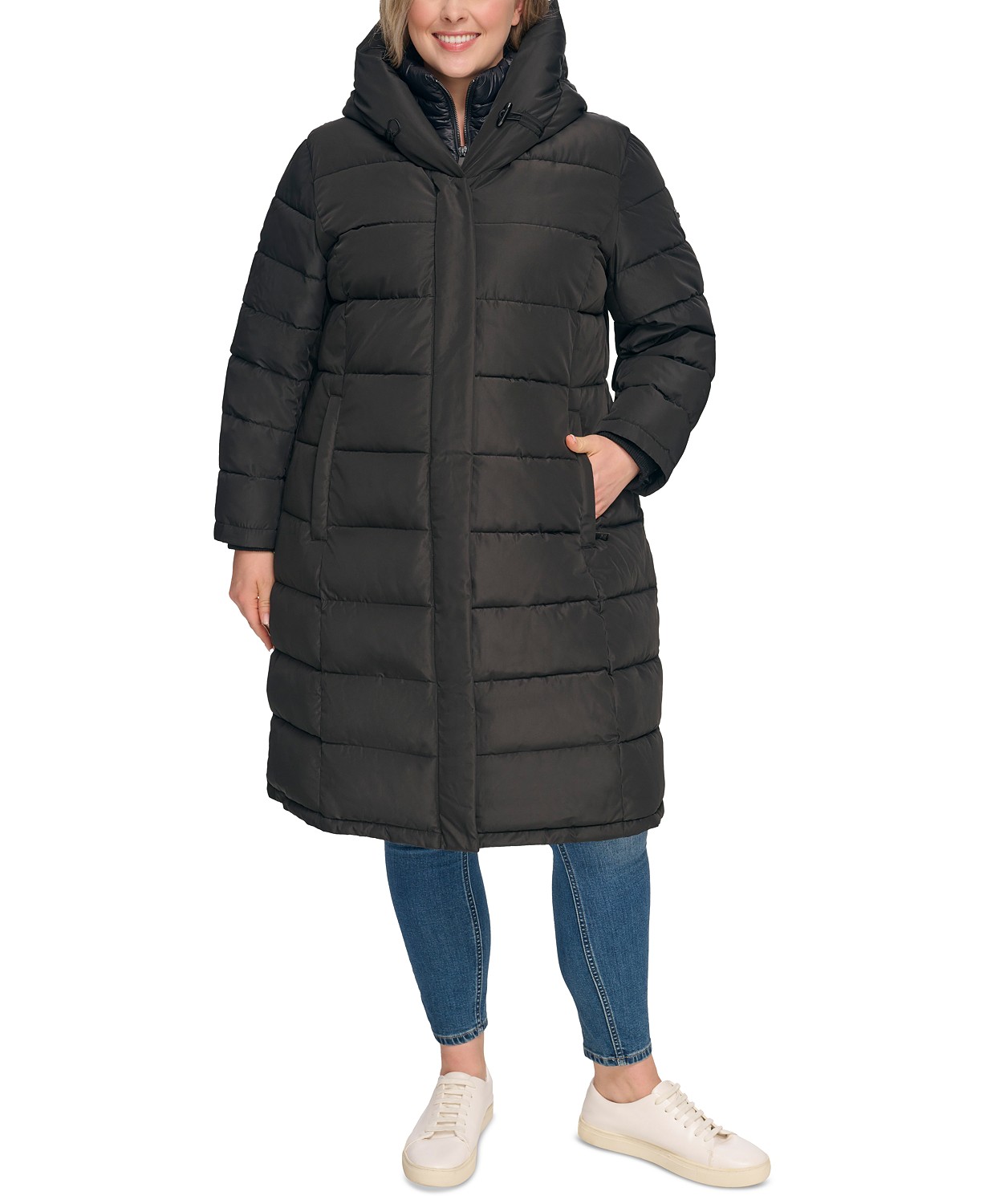 Womens Plus Size Bibbed Hooded Puffer Coat
