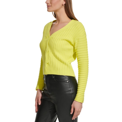 DKNY Womens Cable-Knit Cropped V-Neck Sweater