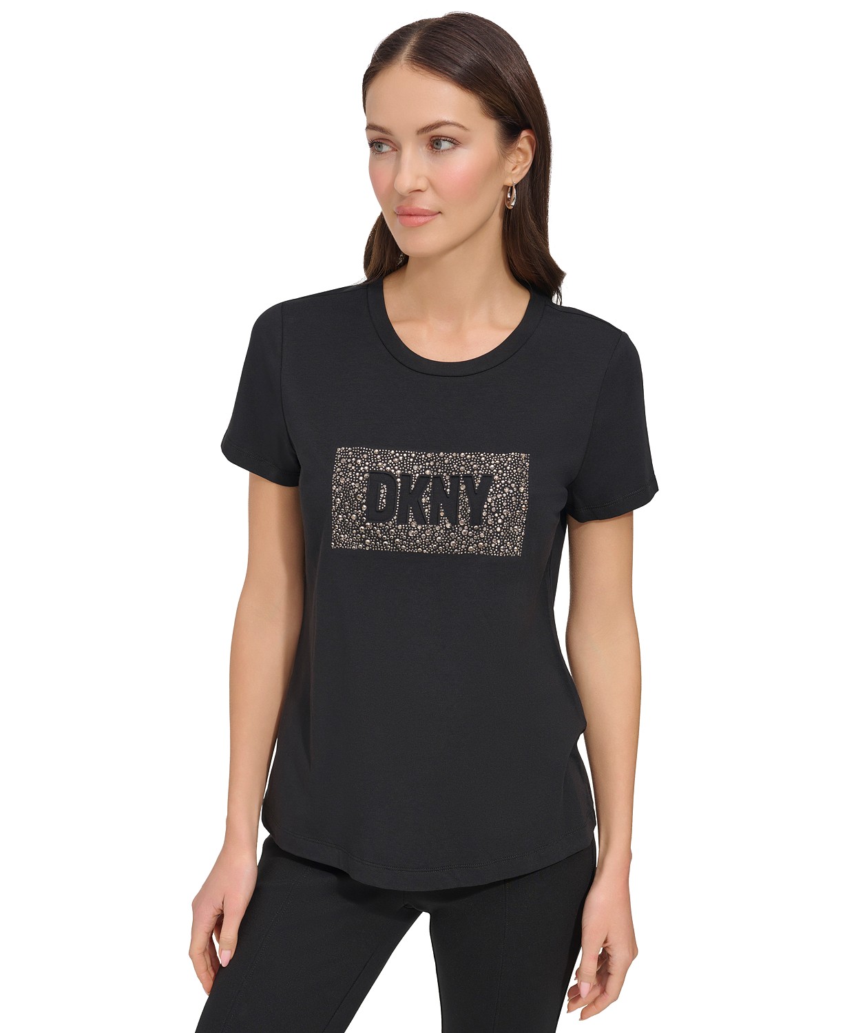 DKNY Womens Studded-Logo Crewneck Short-Sleeve Top