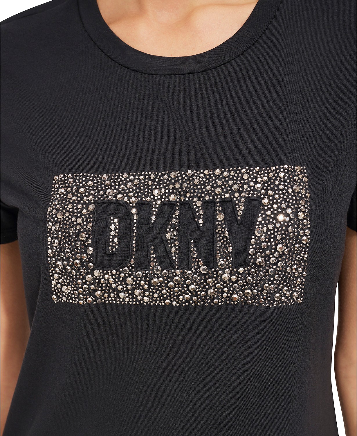DKNY Womens Studded-Logo Crewneck Short-Sleeve Top