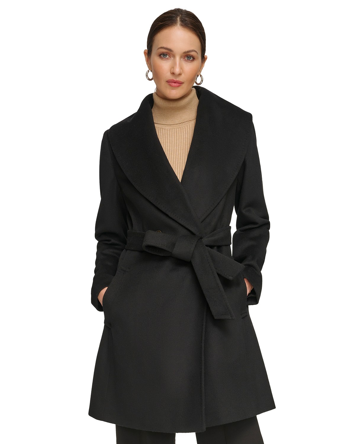 Womens Shawl-Collar Wool Blend Wrap Coat
