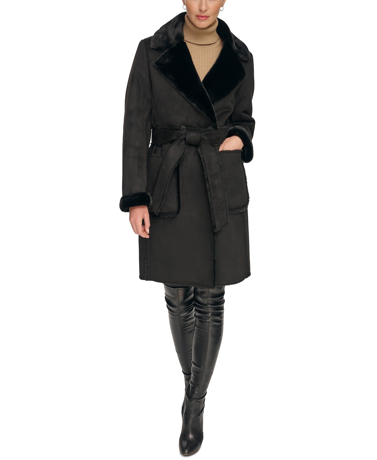 DKNY Womens Petite Belted Notched-Collar Faux-Shearling Coat
