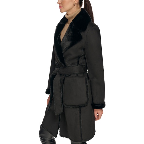 DKNY Womens Petite Belted Notched-Collar Faux-Shearling Coat