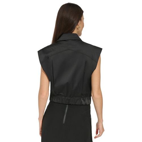 DKNY Womens Zip-Front Shine Satin Cargo Sleeveless Jacket