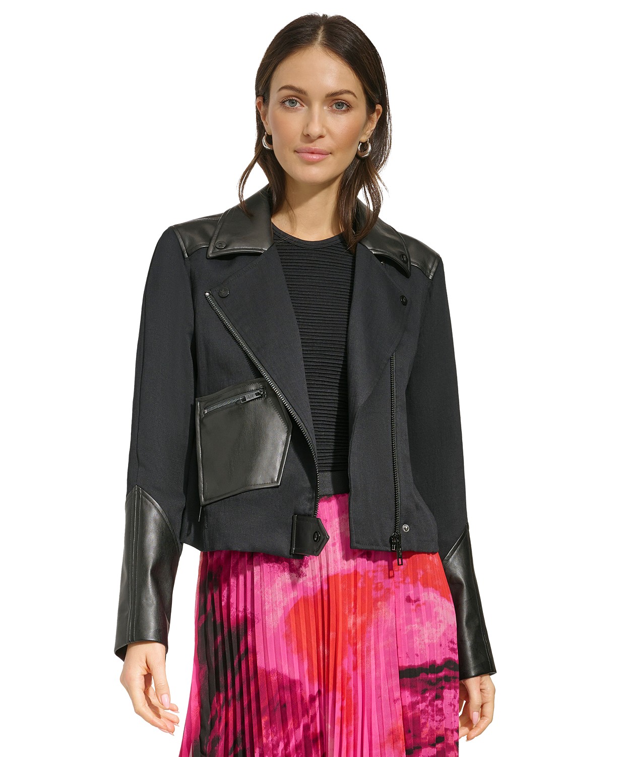 Womens Faux-Leather-Accent Moto Jacket