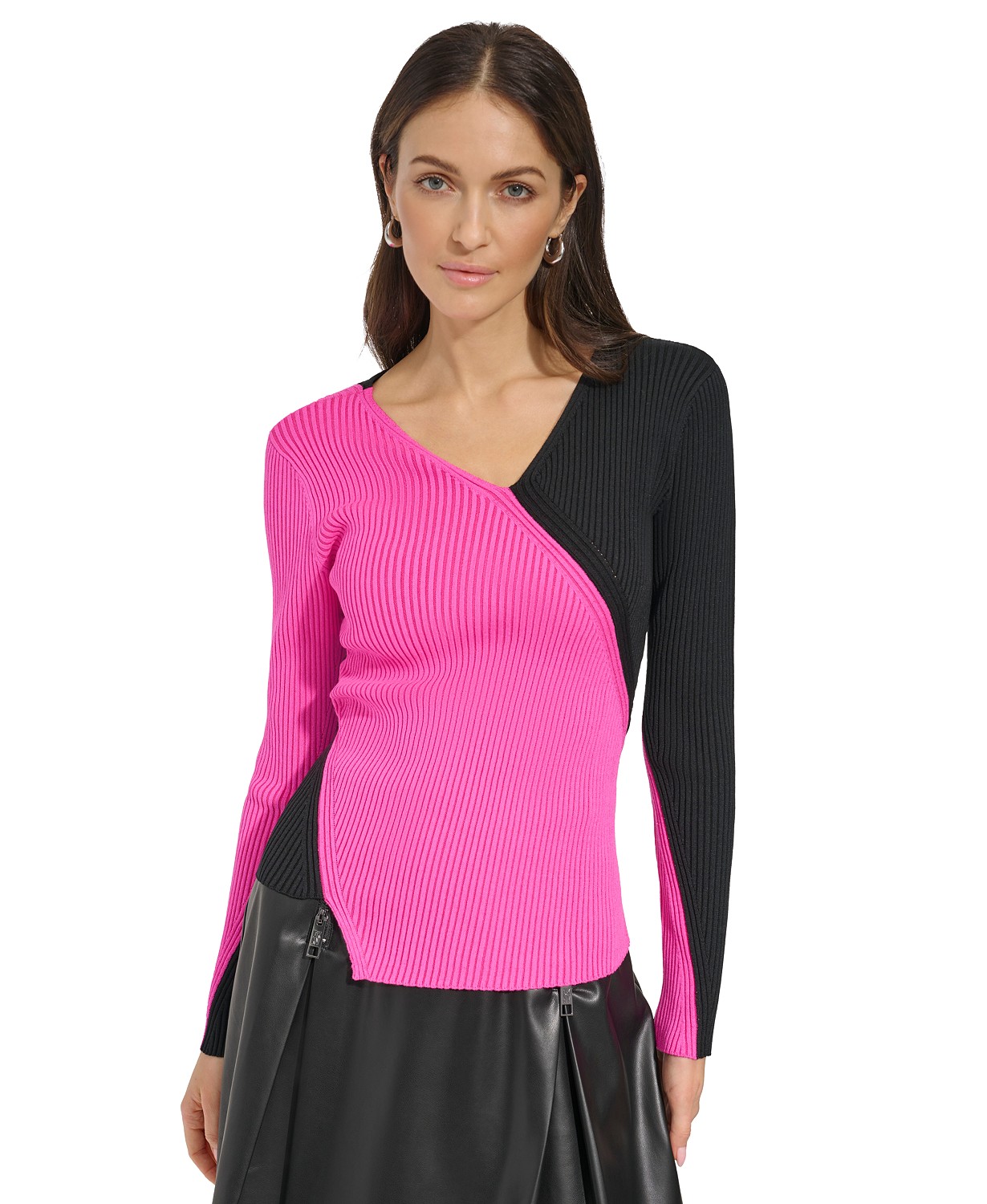 DKNY Womens Ribbed Colorblocked Asymmetrical Sweater