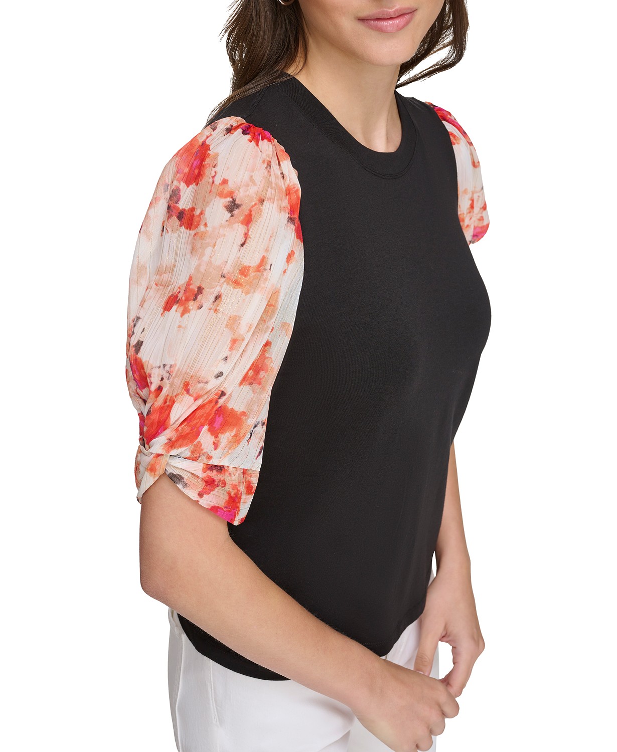 DKNY Womens Printed Chiffon-Sleeve Top