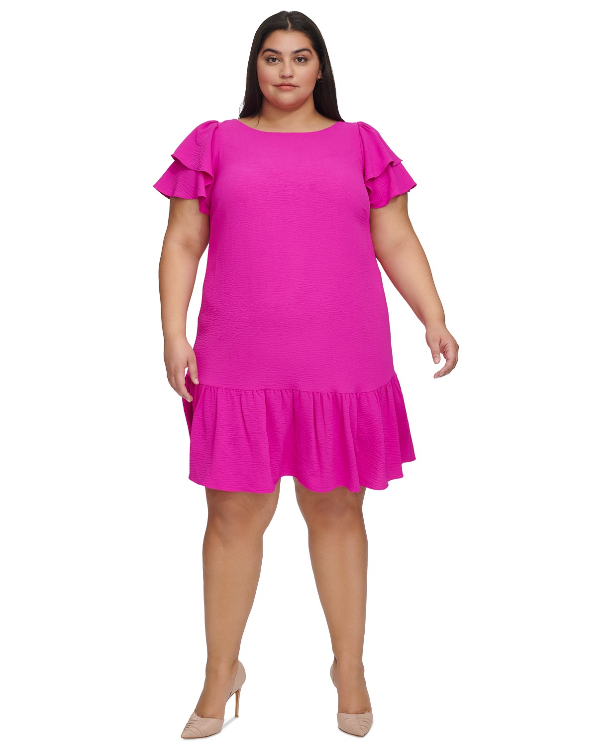 Plus Size Ruffle Flutter-Sleeve Boat-Neck Dress