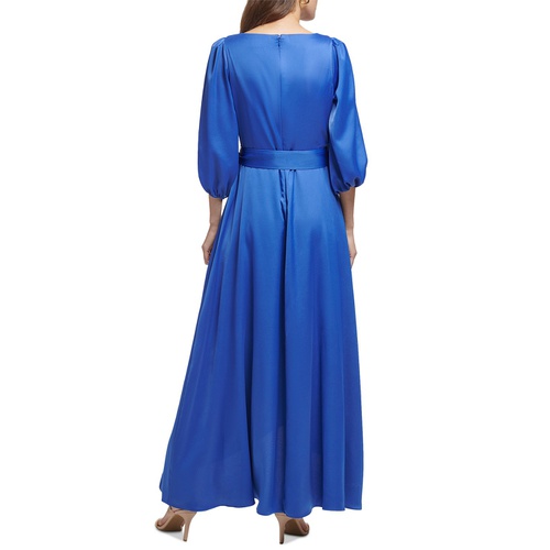DKNY 3/4-Sleeve Belted Faux-Wrap Gown