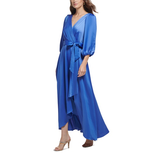 DKNY 3/4-Sleeve Belted Faux-Wrap Gown