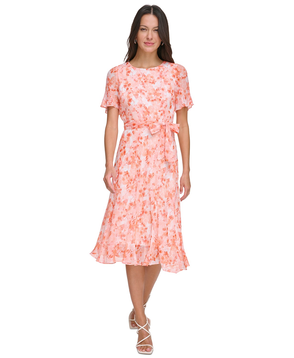 Womens Floral-Print Tie-Waist Midi Dress