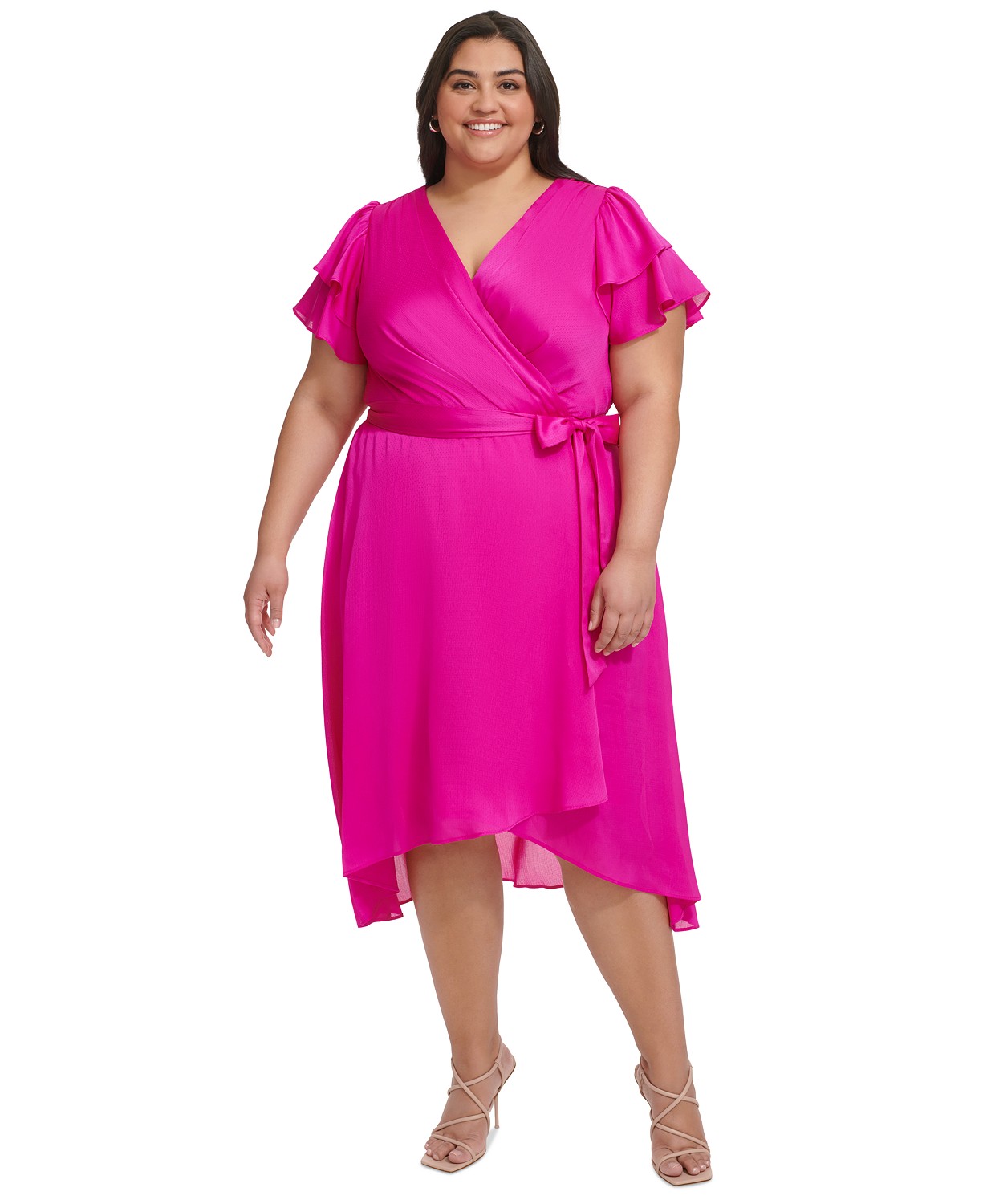 Plus Size Satin Ruffle-Sleeve High-Low Wrap Dress