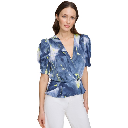 DKNY Womens Printed V-Neck Puff-Sleeve Top