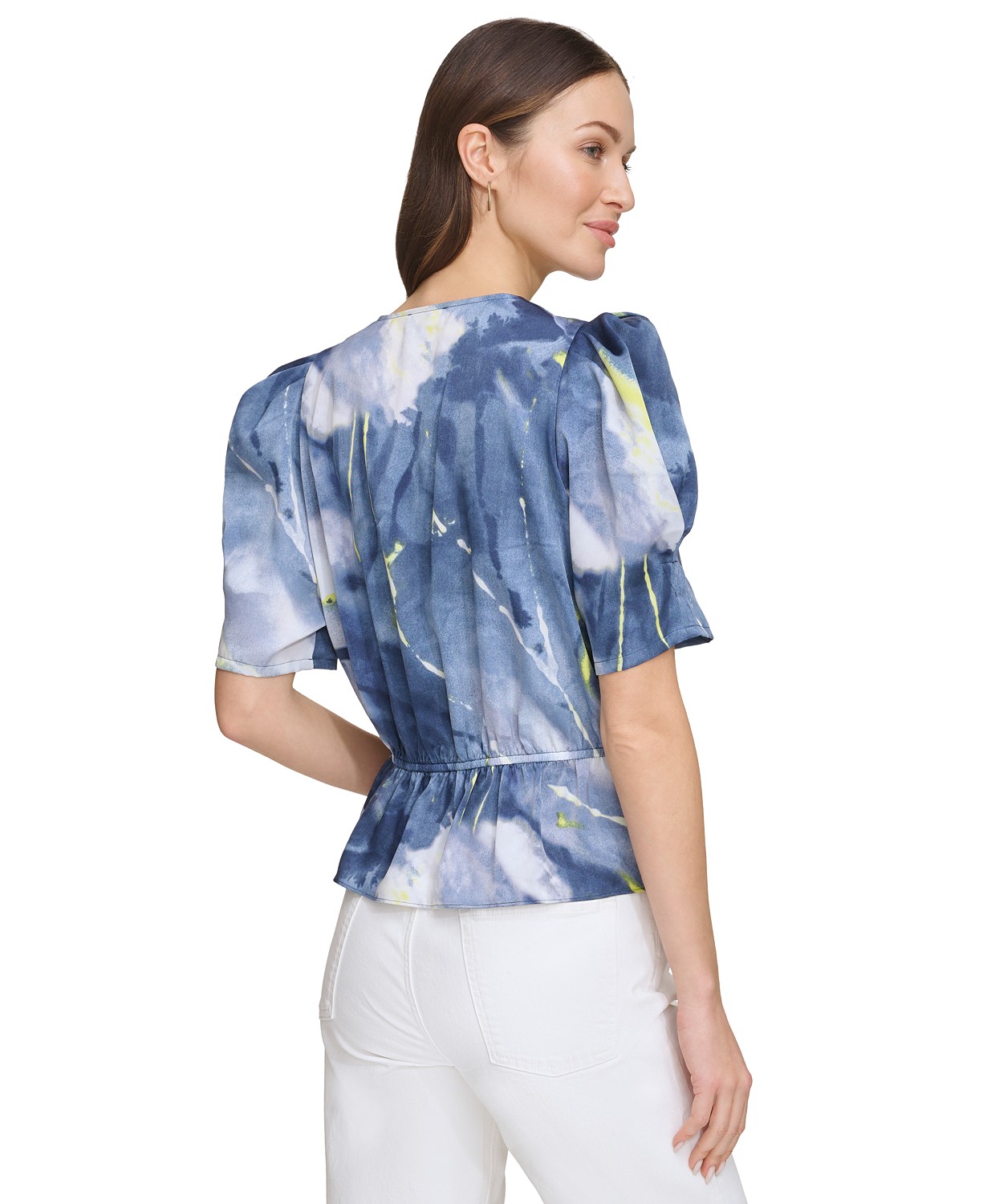 DKNY Womens Printed V-Neck Puff-Sleeve Top