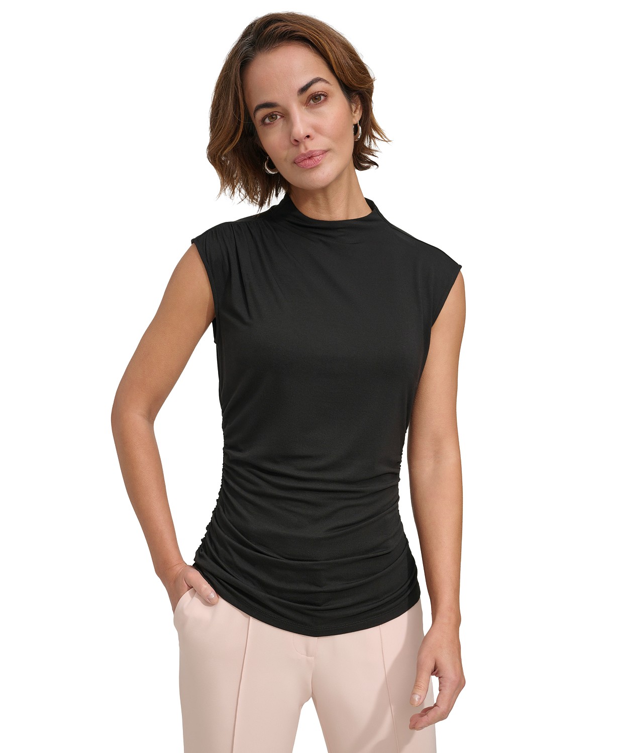 Womens Solid Shirred Mock-Neck Sleeveless Top