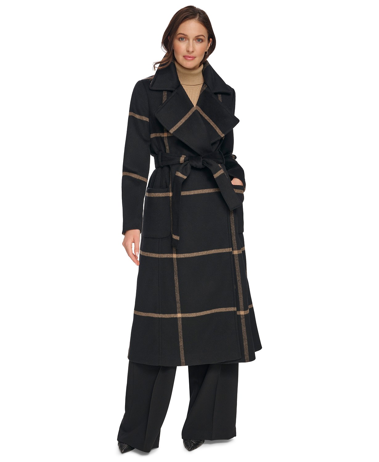 DKNY Womens Plaid Maxi Wool Blend Coat