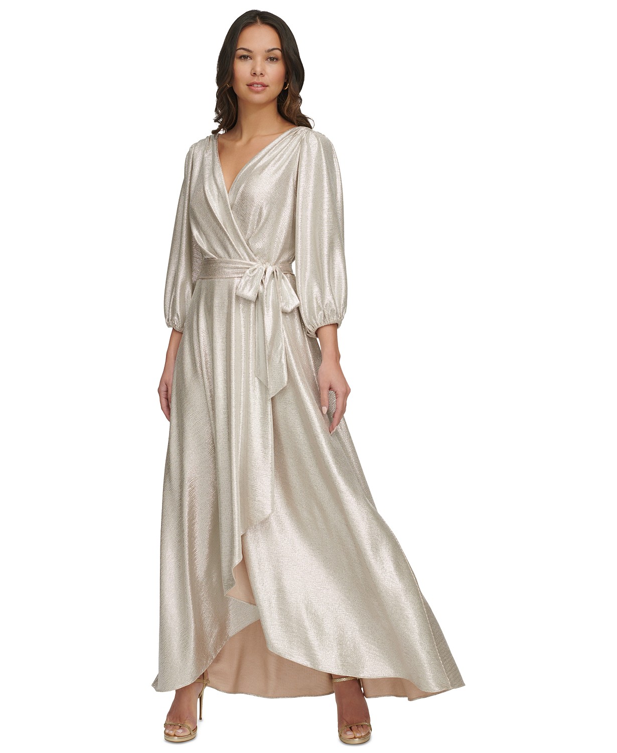 Womens Metallic Textured Faux-Wrap Gown