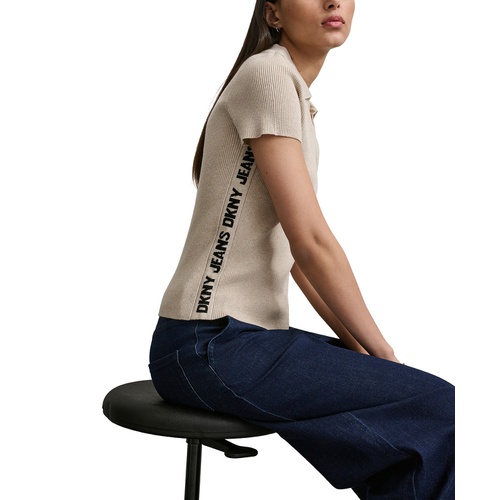 DKNY Womens V-Neck Side-Logo Rib-Knit Short Sleeve Polo Top